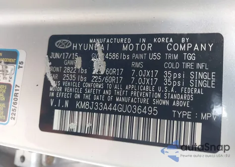 2016 Hyundai Tucson Se z USA, uszkodzony, nr VIN KM8J33A44GU036495